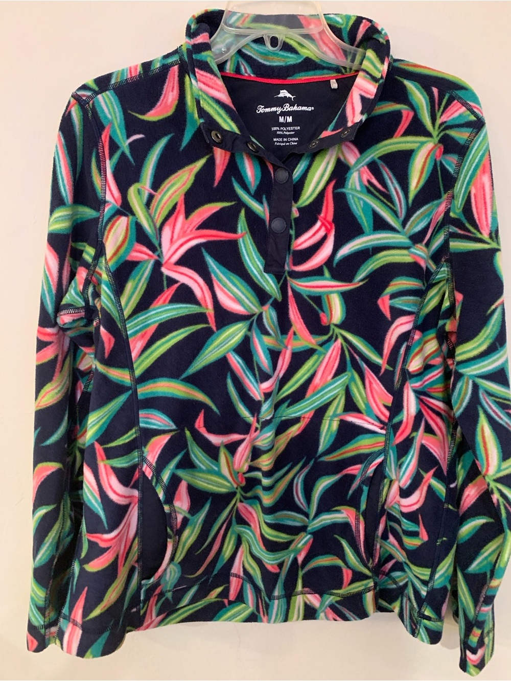 Tommy Bahama Navy Tropical Fleece Pullover Jacket Snap Button Collar Pocket M